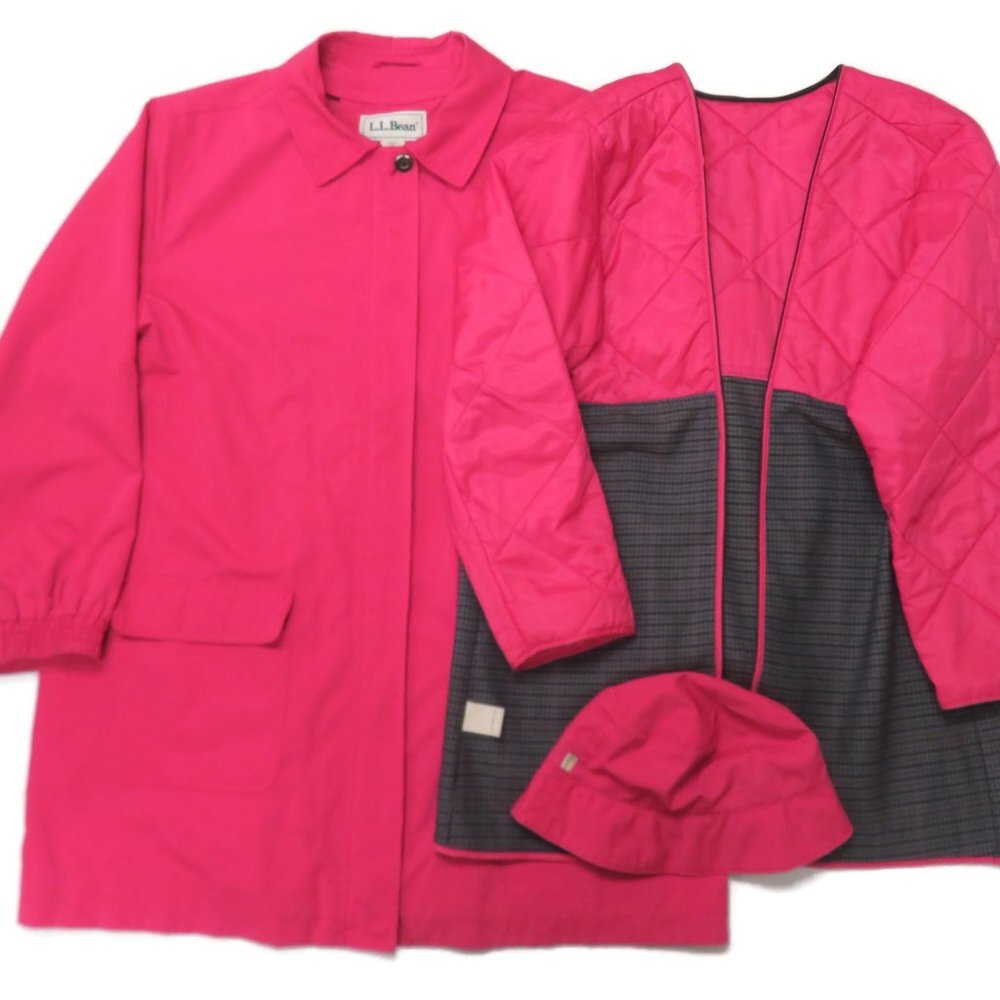 LL Bean 3 in 1 Jacket Womens XL Pink + Bucket Hat Long Trench Nylon Wool Rain‎